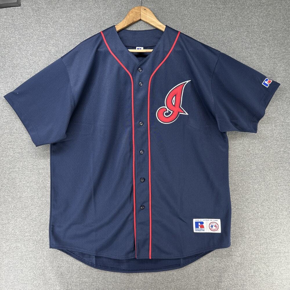 Vintage Russell Athletic Cleveland Indians Jersey Mens XL Blue MLB Baseball Top